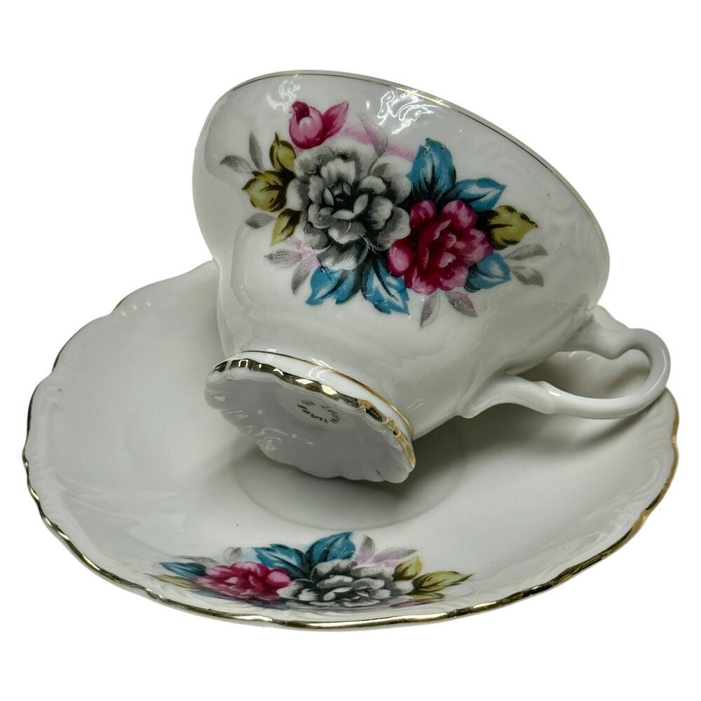 Vtg Rose Floral Tea Cup & Saucer Gold Trim Porcelain Footed Teacup Made in Japan